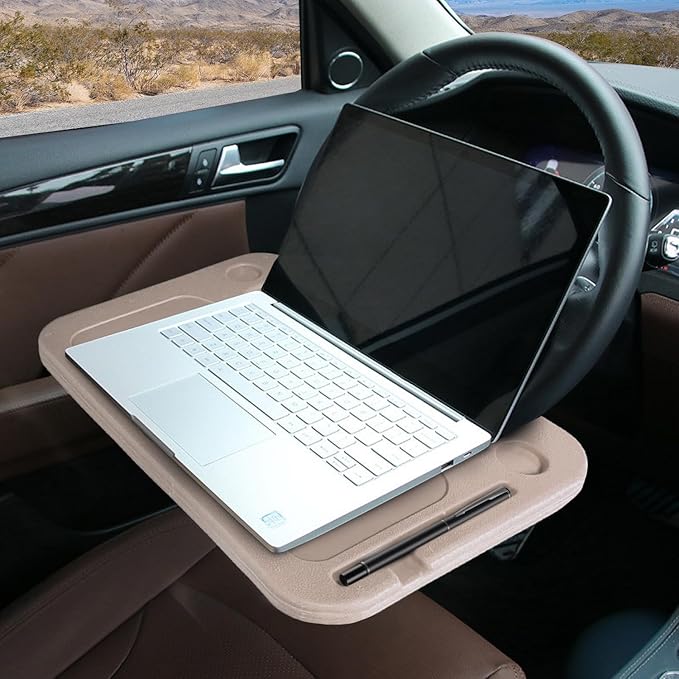 Steering Wheel Tray for Laptop & Food Universal Car Trays Accessories Steering Wheel Desk Car Travel Mount Car Food Tray for Eating - Beige