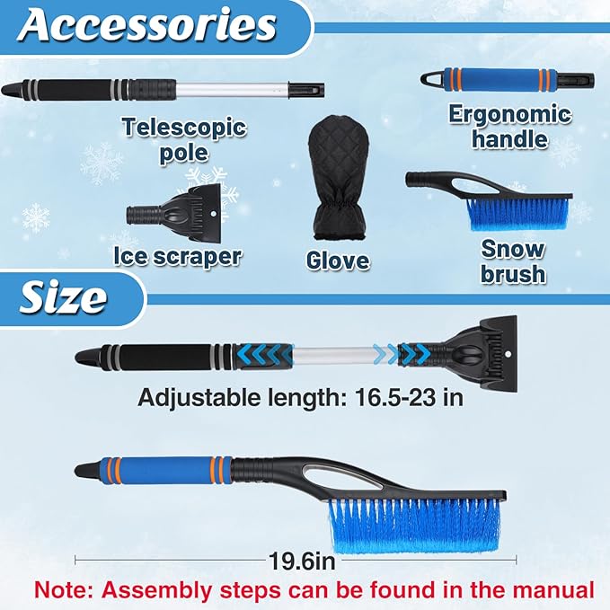 Acostop Snow Brush & Ice Scraper for Car Windshield with Glove - 16.5"-23" Extendable Snow Scraper Long Handle Brush Warm Glove Kit for Remove Quickly Automotive/Cars/Trucks/SUVs
