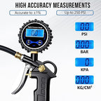 Digital Tire Pressure Gauge with Inflator, Air Compressor Accessories with Air Chuck Quick Connect Coupler, Car Attachments with Rubber Hose for Car, Truck, SUV, Cycle, RV, 250 PSI