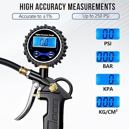Digital Tire Pressure Gauge with Inflator, Air Compressor Accessories with Air Chuck Quick Connect Coupler, Car Attachments with Rubber Hose for Car, Truck, SUV, Cycle, RV, 250 PSI