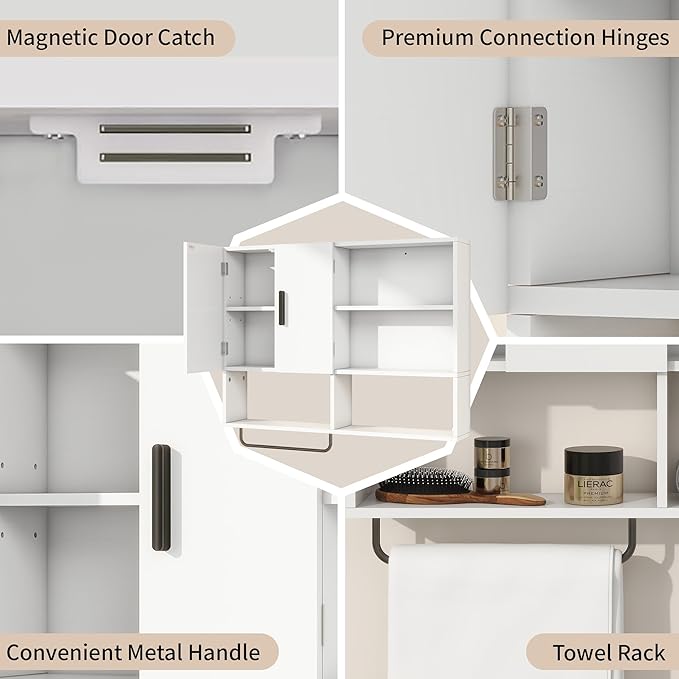 Medicine Cabinet, Wooden Bathroom Wall Cabinet with 2 Doors, Adjustable Shelves & Towel Bar, Over Toilet Storage Cabinet Wall