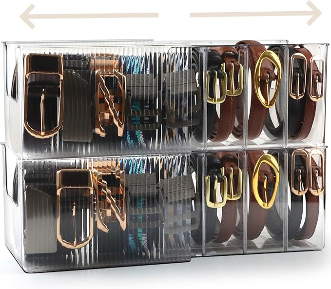 Clear Belt Organizer Extendable, 2 Pack Acrylic Belt Storage Holder with Adjustable Dividers, Belts Storage Container for Dra