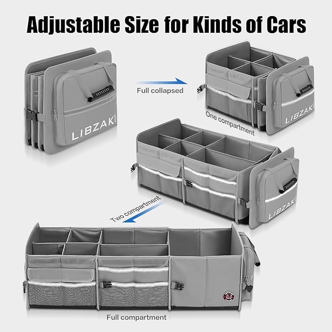 LIBZAKI Oversize 4 in 1 Car Trunk Storage Organizer, Multi Compartment Collapsible Trunk Storage Box with Cooler Bag for Car