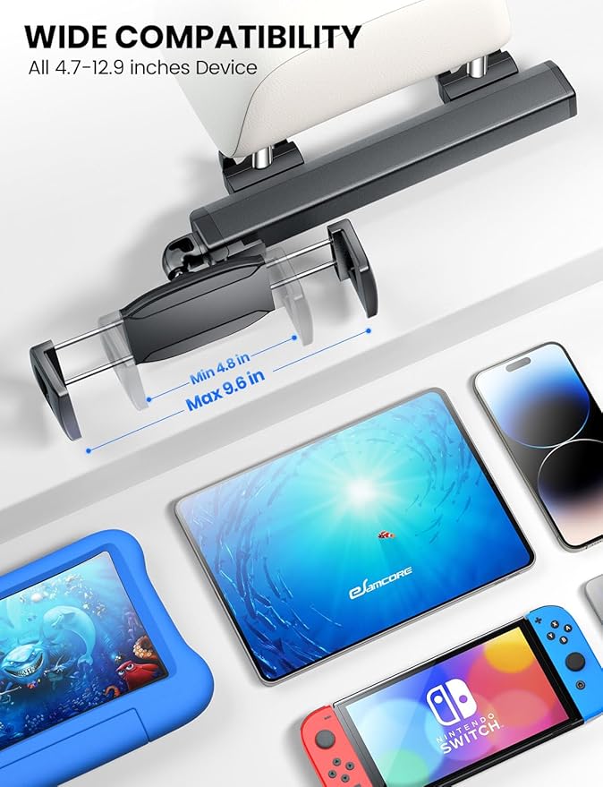 eSamcore Headrest Mount for Car, Aluminum Tablet Car Holder for Backseat Kids Large Clamp, Road Trip Essentials for Adults Back Seat Car Accessories Compatible with iPad 4.7” -12.9" Tab