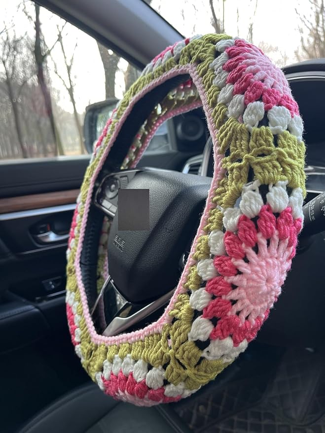 Crochet Sunflower Car Steering Wheel Covers Universal 14-15 inch for Women/Men (A:Wheel Cover+2 Belt Cover)