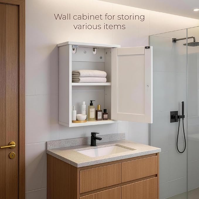 VINGLI Bathroom Wall Cabinet, White Medicine Cabinet with Single Door, Small Over Toilet Storage Organizer with Adjustable Sh