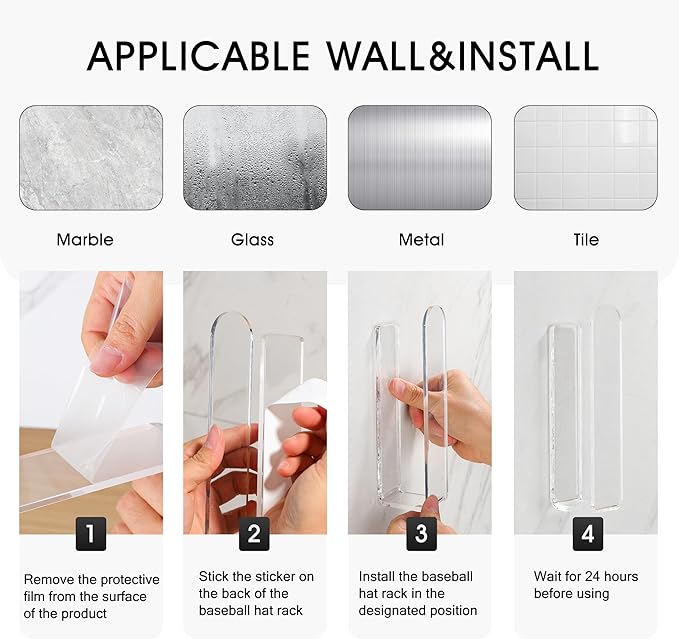 2 Packs Hat Hangers for Wall - Hat Hook Acrylic Baseball Hat Rack Adhesive Baseball Cap Organizer Hat Holder for Wall Closet 