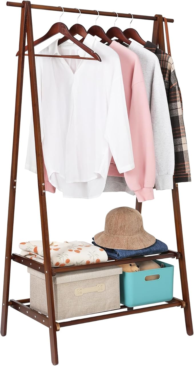 Jotsport Bamboo Clothing Rack Foldable Clothes Hanging Stand with 2 Tier Storage Shelf for Laundry, Guest Room, Apartment, En