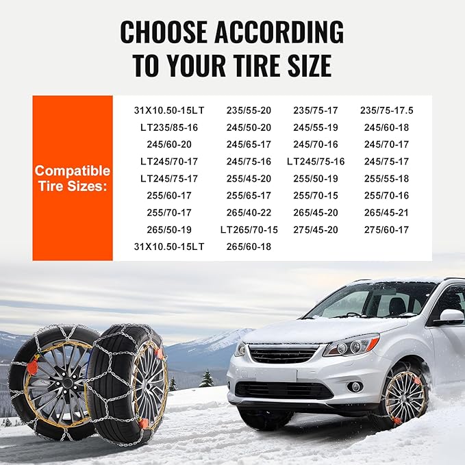 VEVOR Tire Chains, Snow Chains for Cars SUV Pickup Trucks, 2 Pack Adjustable Snow Tire Chains Compatible with Tire Width 235 
