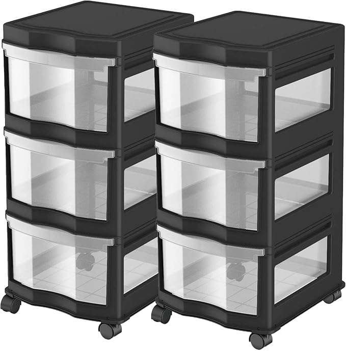 Life Story Classic 3 Shelf Storage Organizer Plastic Drawers, Black (2 Pack)