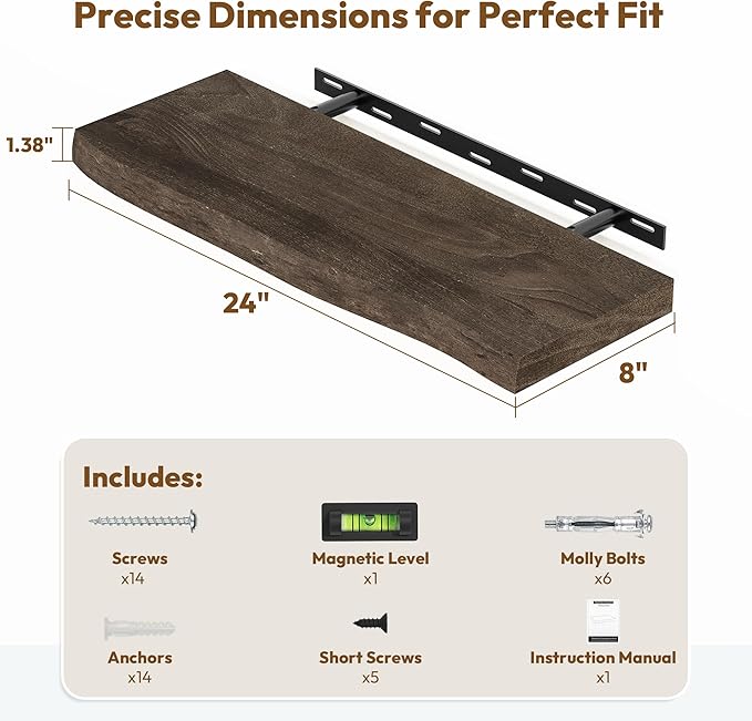 Vivelove Live Edge Floating Shelves 24 inch, Solid Elm Wood Wall Display Shelf with Invisible Bracket for Living Room Bedroom