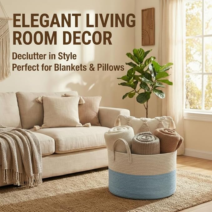 JMvicyroam 115L Extra Large Blanket Basket for Living Room - Woven Cotton Rope Laundry Hamper with Reinforced Handles - Stora