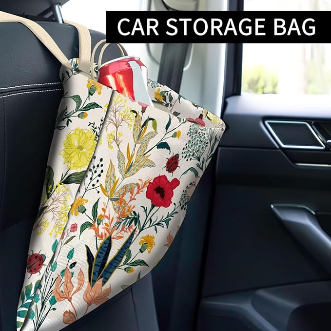 Car Trash Can, Cute Car Trash Bag, Hanging Car Organizer and Storage Bag, Trash Bin for Car Accessories, Vehicle, Travelling, Camping Cute Colorful Flowers