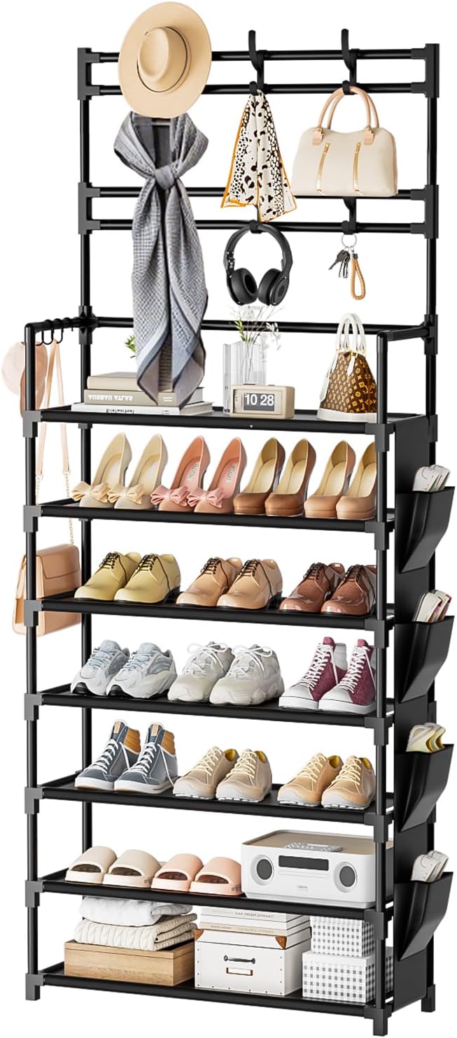 Shoe Rack 7 Tier Shoe Organizer Storage 21-28 Pairs Closet Shoes Rack for Front Door Entrance Shoe Rack Organizer with Hooks 