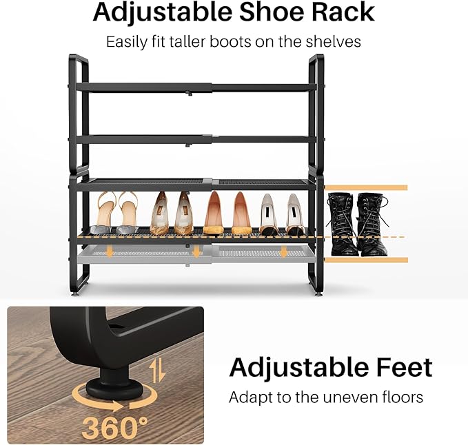 SNTD Shoe Rack - Expandable Shoe Organizer for Closet, Adjustable Metal Shoe Shelf Storage, Stackable Long Shoe Stand Holder 