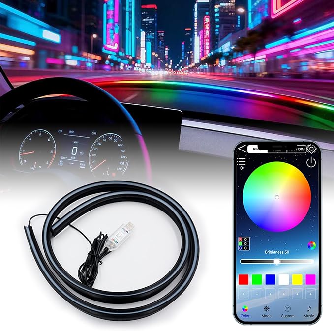 59" RGB LED Strip Lights for Car Interior, Smart App Control with 16M Colors, Music Sync, High-Brightness RGB Ambient Lighting Kits, Easy Plug & Play Installation, Cuttable, Wide Compatibility