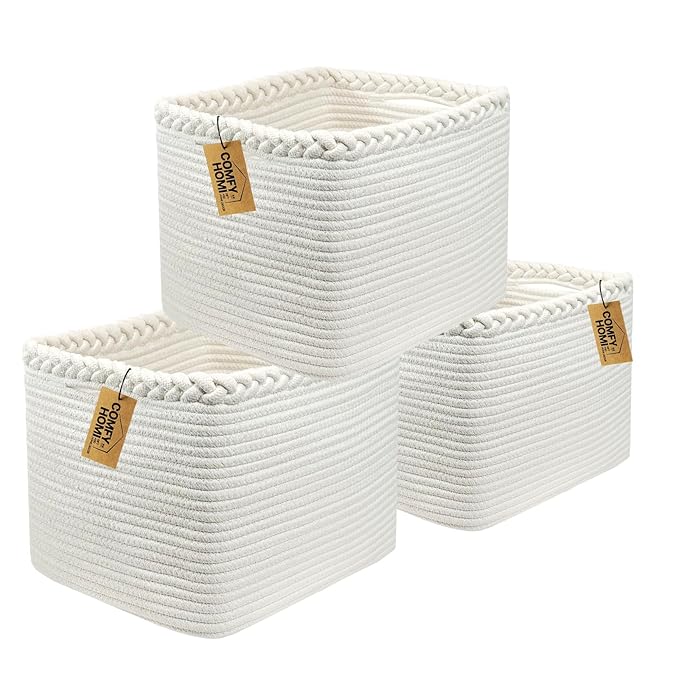 COMFY-HOMI 3Pack Small Woven Cotton Rope Basket for Organizing, Gift Baskets for Handles, Empty Gift Baskets, Medium Rope Bas