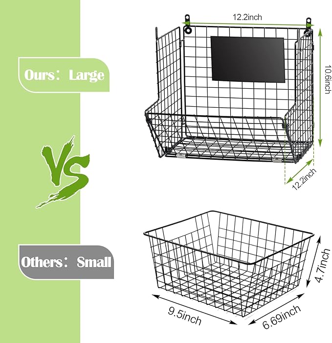 X-cosrack Metal Wire Basket Wall Mount, 3 Tier Wall Storage Basket Organizer with Hanging Hooks Chalkboards, Rustic Kitchen F