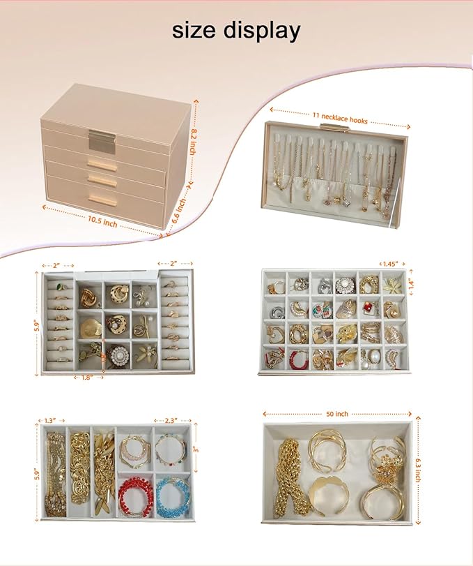 BOOVO Jewelry Boxes for Women, 5 Layer Jewelry Organizer with Necklace Hanger and Drawers, Large Jewelry Box for Earrings, Ne
