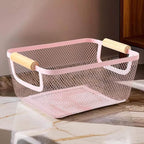 AJIODA Metal Mesh Steel Basket, Small Wire Storage Organizer Baskets Multi-function Hanging Kitchen Basket with Wood Handle f