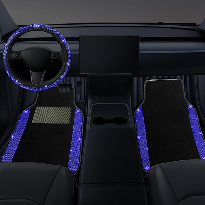 NBTEPEM Bling Car Floor Mats Full Set and Steering Wheel Cover, Universal Fit Most Cars, 4 pcs Sparkle Glitter Diamond Carpet, 5 pcs Bling Car Accessories Set for Women (Blue Diamond)