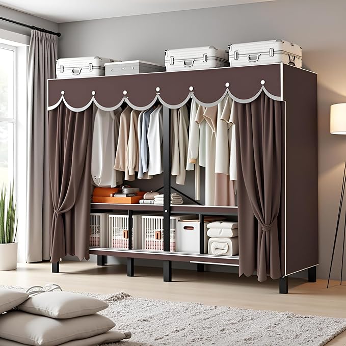 Heavy Duty Portable Wardrobe, Metal Foldable Covered Clothes Rack, 1500LBS, Freestanding Closet System Rolling Garment Rack, 