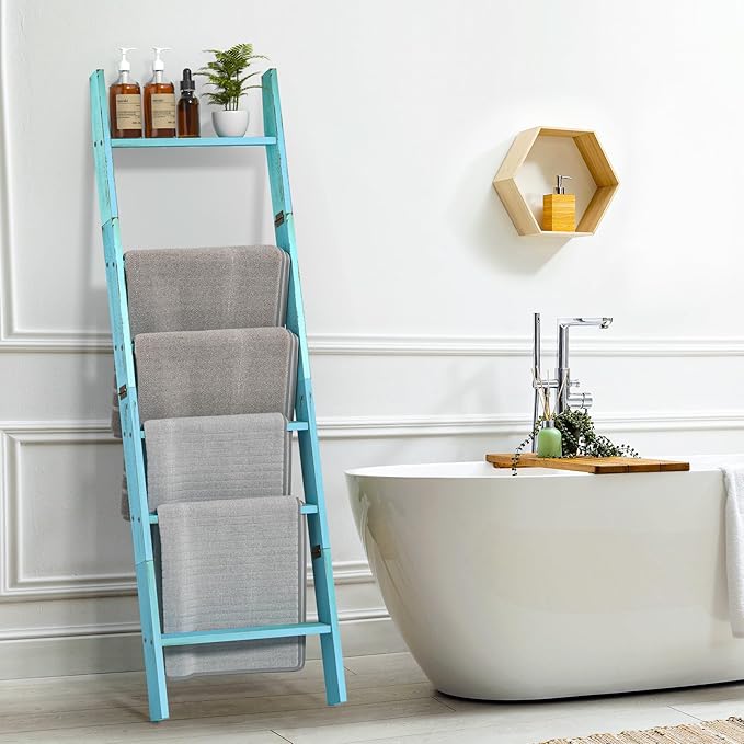Honest Blanket Ladders for The Living Room, 6-Tier Blanket Holder, Wall-Leaning Blanket Rack, Ladder Shelves, Wooden Quilt La