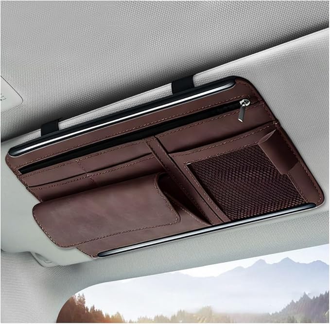 Car Sun Visor Organizer, Soft Leather Auto Sunshade Glasses Storage Bag with Multi-Pocket Net Zipper, Scratch-Resistant Vehicle Visor Pocket Eyeglasses Case Note Holder (Brown)