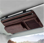 Car Sun Visor Organizer, Soft Leather Auto Sunshade Glasses Storage Bag with Multi-Pocket Net Zipper, Scratch-Resistant Vehicle Visor Pocket Eyeglasses Case Note Holder (Brown)
