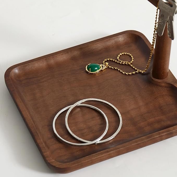 Black Walnut Solid Wood Key Dish Bowl for Entryway Table Square Tray With 3 Hooks, Open Storage for Keys, Wallet, Jewelry (Wa