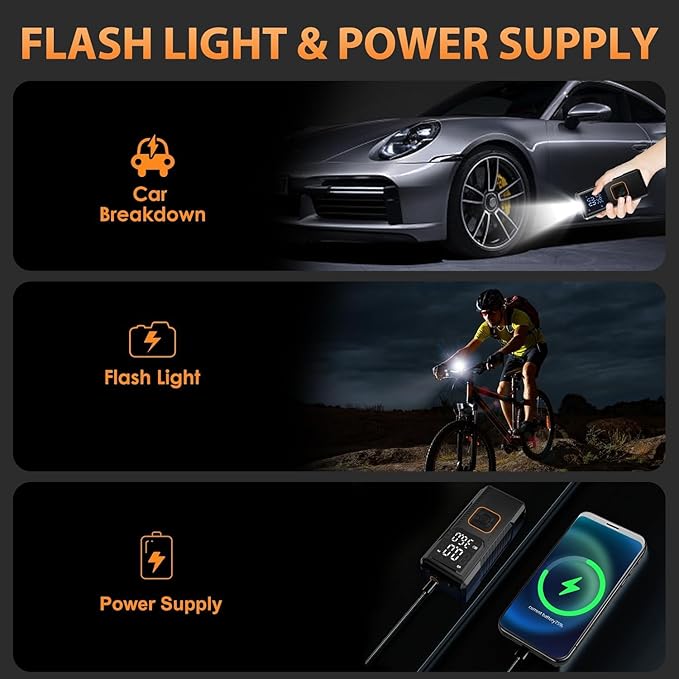 Tire Inflator Portable Air Compressor, 150PSI Cordless Air Pump For Car Tires, Bike Pump, Motorcycle, Balls, Portable Tire Inflator with Digital Pressure Gauge, 3X Fast Inflation, Auto Shut-off