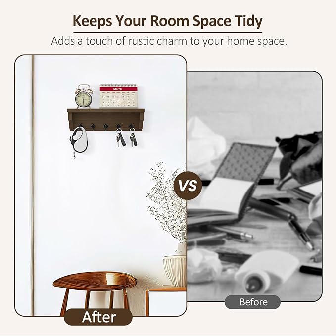 Nekon Key Holder for Wall, 11.8" W x 3.5" H x 2.8" D Decorative Key Organizer with Floating Shelf, Wall Mount Key Rack with 5