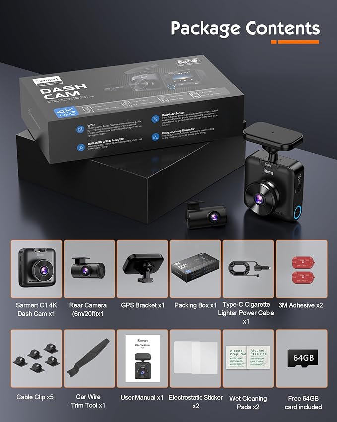 Sarmert C2 4K Dual Dash Cam Front and Rear - Built-in GPS and 5G WiFi, Free 64GB Card Included, 4K UHD Dash Camera for Cars, 