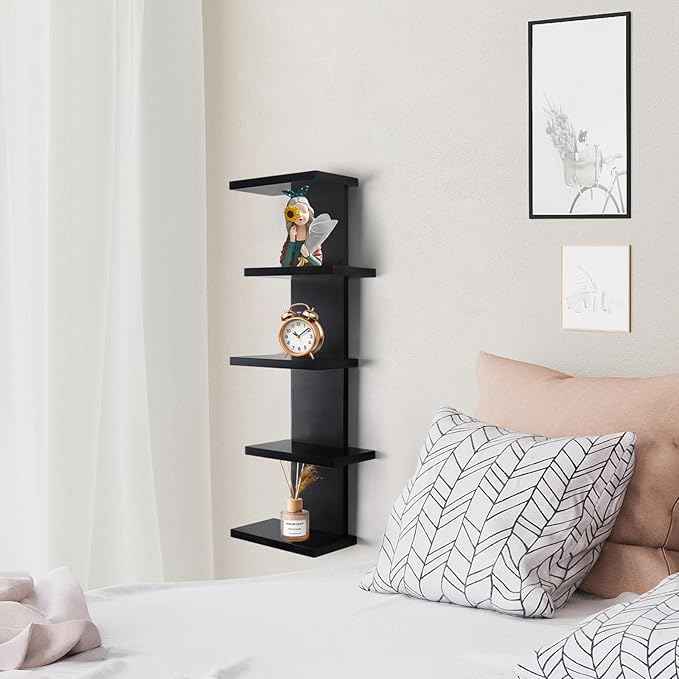5 Tier Wall Shelf Unit-Black Floating Shelves for Home Decor, Modern Unique Asymmetric Design for Bedroom & Living Room Stora