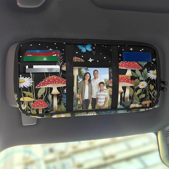 Mushroom Theme Sun Visor Organizer for Trucks,Card Sleeve Pocket with Multi-Pocket Zipper, Auto Interior Accessories Pocket Organizer
