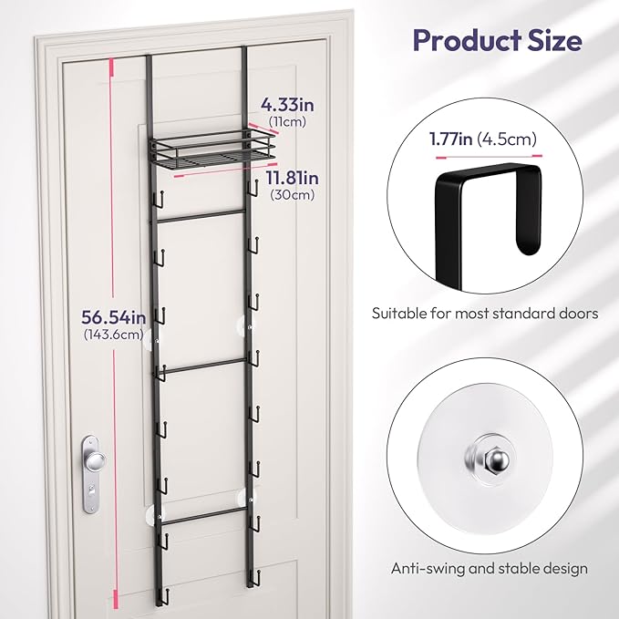 SWTYMIKI Over The Door Purse Organizer - Wall Mounted Handbag Organizer with 16 Hooks and Metal Basket, Hanging Purse Storage