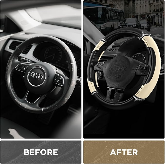 Road Comforts Leather Steering Wheel Cover - Made with PVC Leather - Anti-Slip, Universal Fit 14 1/2 inches to 15 inches - Mi