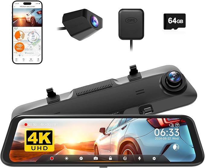 WOLFBOX 12" 4K Rear View Mirror Camera with 5.8GHz WiFi and Voice Control, Smart Mirror Dash Cam Front and Rear, Backup Camer
