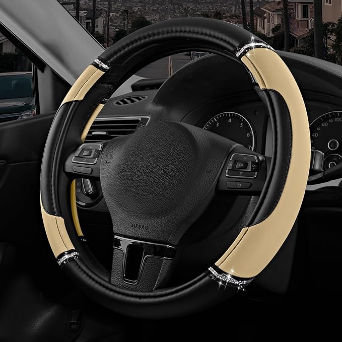 Road Comforts Leather Steering Wheel Cover - Made with PVC Leather - Anti-Slip, Universal Fit 14 1/2 inches to 15 inches - Be