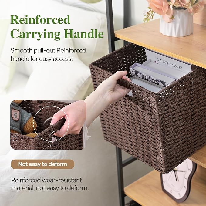 Woven Wicker Storage Baskets 4-Pack, 11x11 Handwoven Paper Rope Organizer Bins, Foldable Cube Storage Cubes with Built-in Han