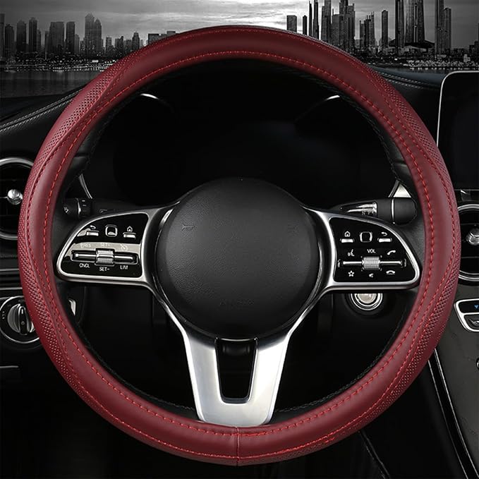 Cowhide Steering Wheel Cover Heat Resistant Anti-Slip Car Wheel Wrap Compatible with Most Makes and Models of Cars and Trucks with 14.5 to 15 Inch Steering Wheel(RED)