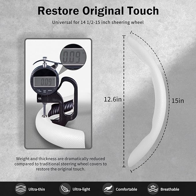 Nappa Leather Car Steering Wheel Cover for Men Women, Ultra-Thin Non-Slip Breathable Microfibre, Universal for 14.5"-15" Stee