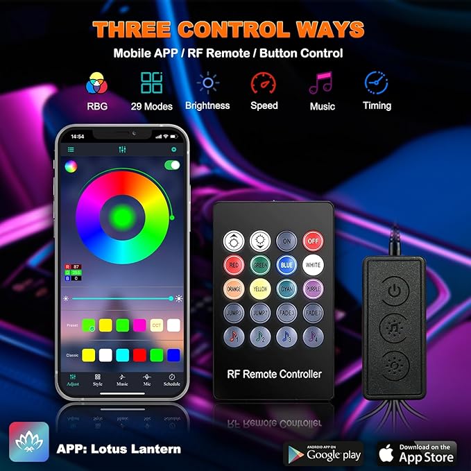 Car LED Lights, Interior Car Lights with Wireless APP/RF Remote/Button Control, Car Ambient Lighting Kit with 315" Integrated Molding Fiber Optic RGB Sync to Music (6 in 1-USB)
