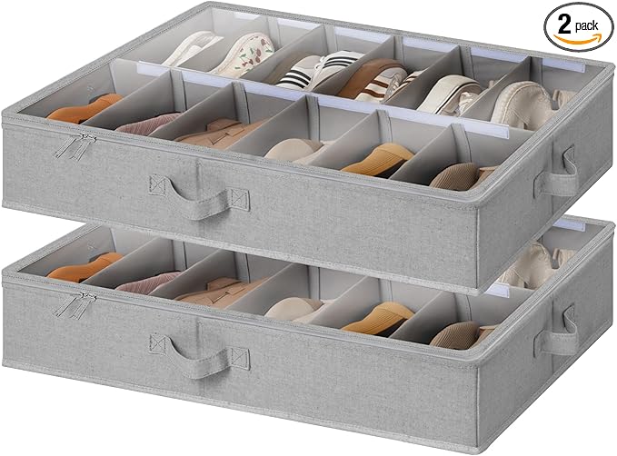 StorageWorks Shoe Organizer for Closet, Fits up to 24 Pairs, 2-Pack Ultra-thick Fabric Under Bed Shoe Storage Containers with