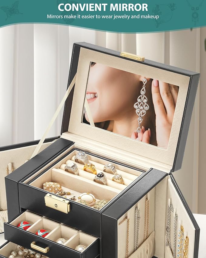 AKOZLIN 5-Tier Jewelry Box Leather Jewelry Storage Organizer with 4 Drawers Lockable for Women Girls Ring Necklace Earring Br
