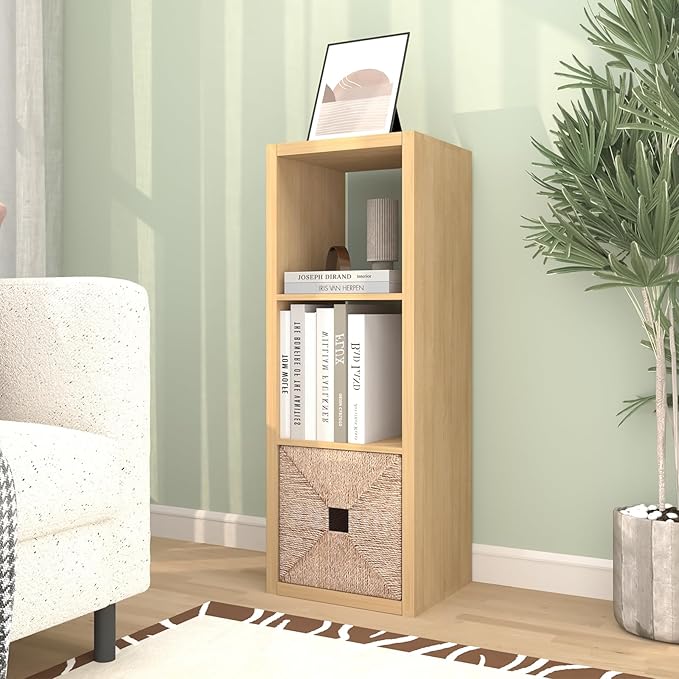 CTESNE【2026 Wooden Thick Frame 3 Cube Storage Organizer Shelf with Anti-Tipping Kits + Reversible Open Back Bookcase, Horizon