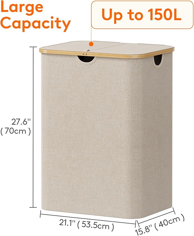 Lifewit 150L Laundry Basket with Lid, Clothes Hampers for Laundry with Bamboo Handles and 2 Removable Bag, Large Foldable Lau
