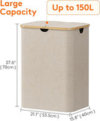 Lifewit 150L Laundry Basket with Lid, Clothes Hampers for Laundry with Bamboo Handles and 2 Removable Bag, Large Foldable Lau