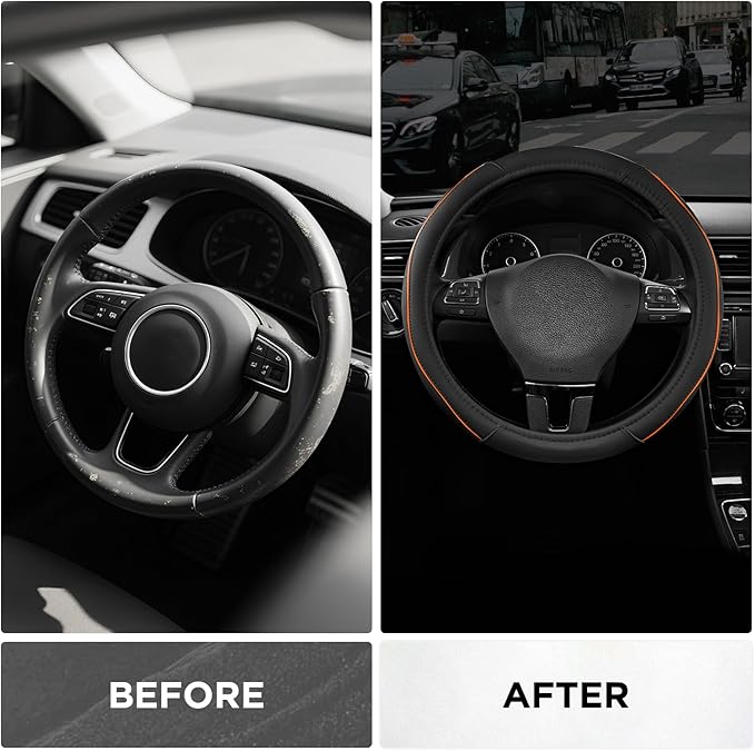 Road Comforts Leather Steering Wheel Cover with Decorative Trim and Piping, Anti-Slip Breathable Design, Fits 14.5–15 Inch Ro