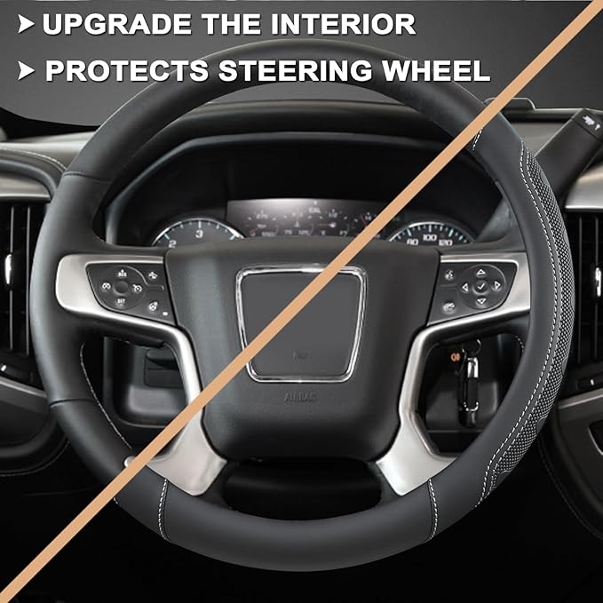 GIANT PANDA Steering Wheel Cover for GMC Sierra Acadia Terrain Yukon(Black+Gray Line-Standard Size)